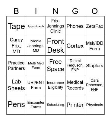 Frix-Jennings Front Desk Bingo Card