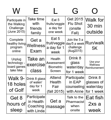 HealthWorks Wellness Bingo Card