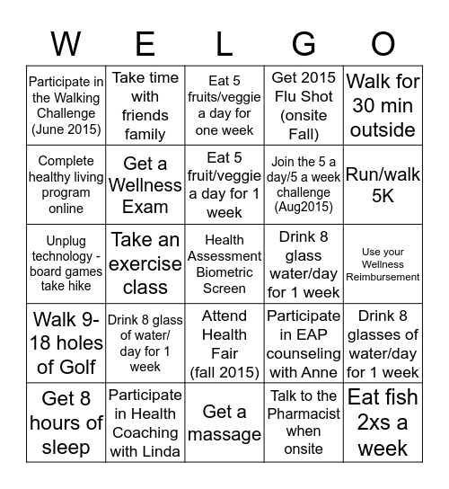 HealthWorks Wellness Bingo Card