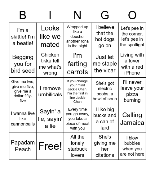 Misheard lyrics Bingo Card