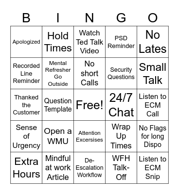 Every Customer Matters Bingo Card