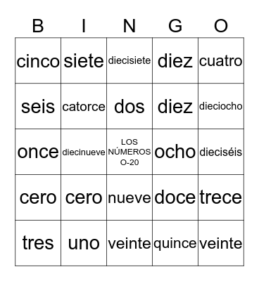 LOS NÚMEROS 0-20 Bingo Card