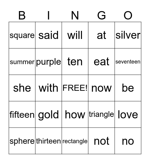 Spelling Words Bingo Card