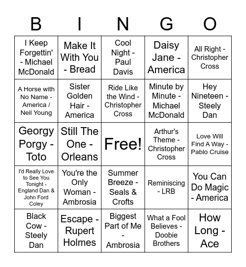 Yacht Rock Bingo Card