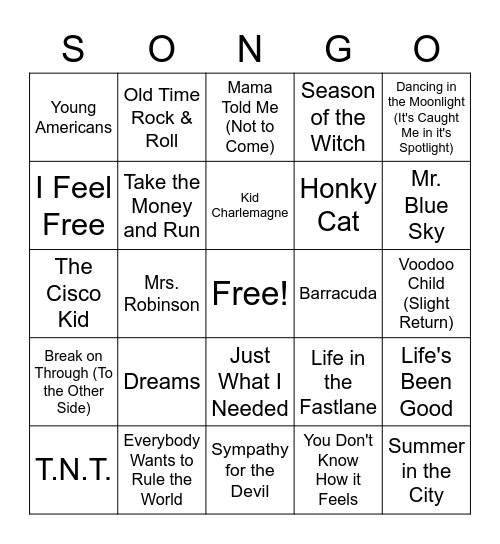 Dad Rock Bingo Card