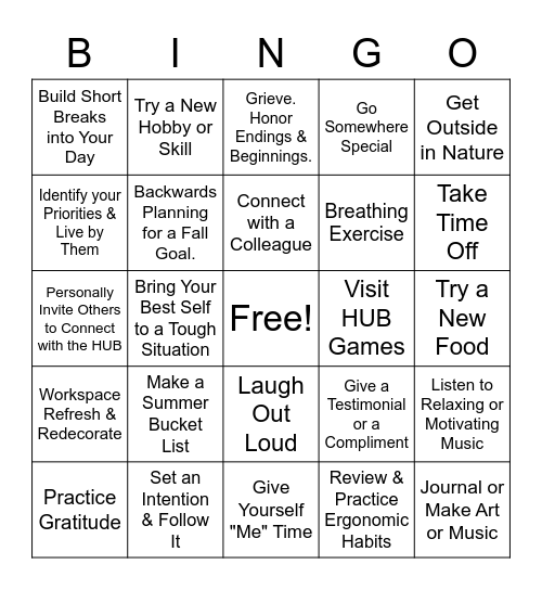 Summer Wellness Challenge Bingo Card