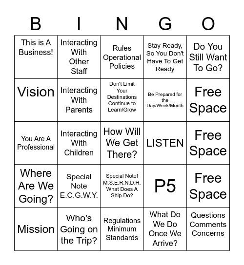 Preparing to Get to My Destination! Bingo Card