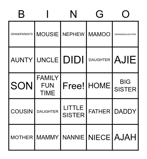 FAMILY BINGO Card