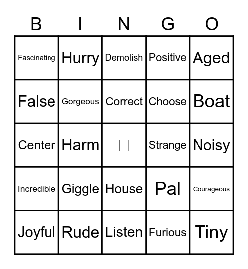 Synonym Bingo Card