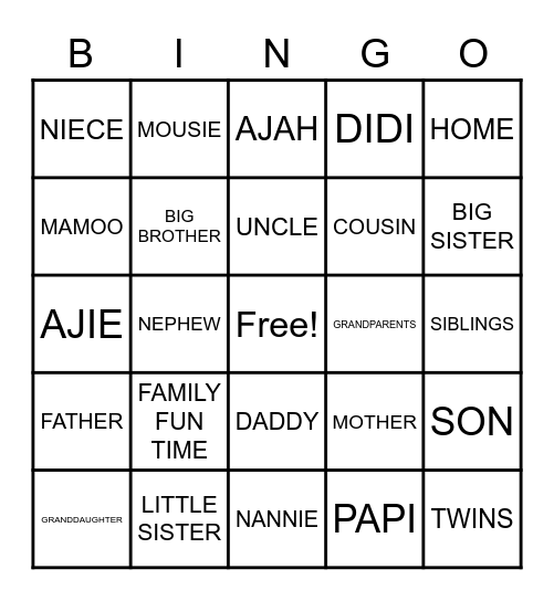 Family Bingo Card