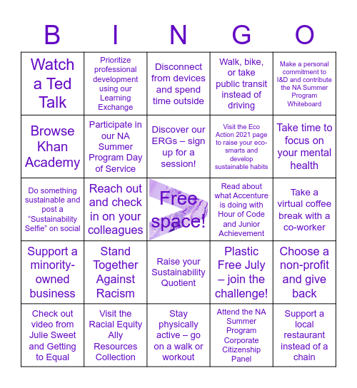 Accenture Summer Program Week of Giving Bingo Card