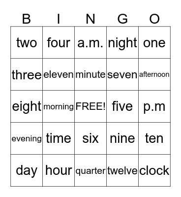 Clock Time Bingo Card