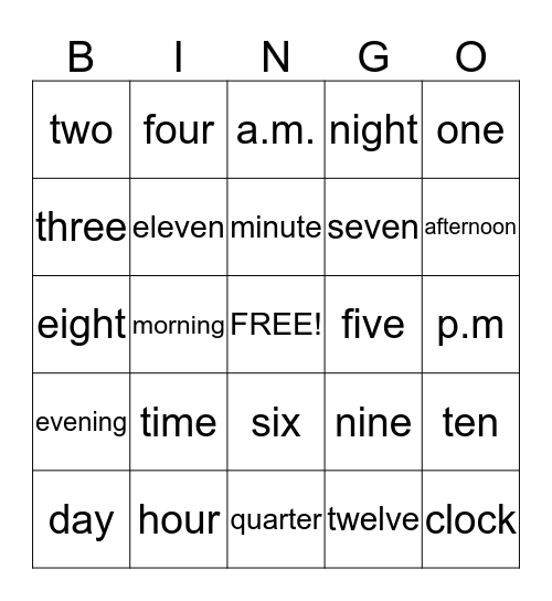 Clock Time Bingo Card