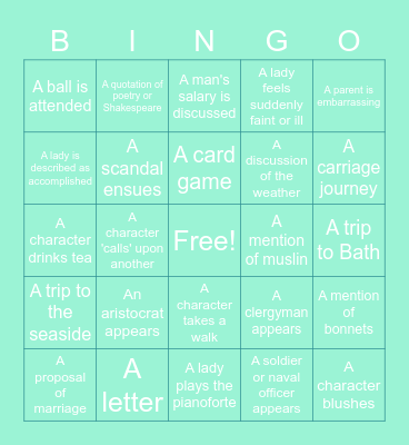 Jane Austen July Bingo Card