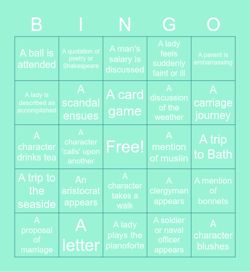 Jane Austen July Bingo Card