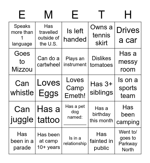 Camp Emeth Bingo Card