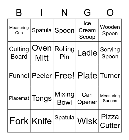 Kitchen Utensil Bingo - Words Bingo Card