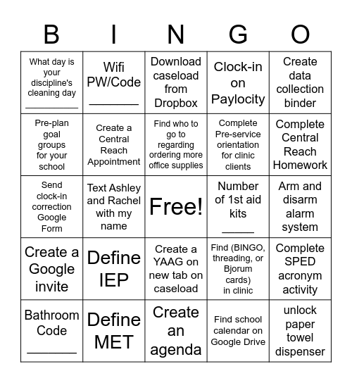 Aug 2021 Training Bingo Card