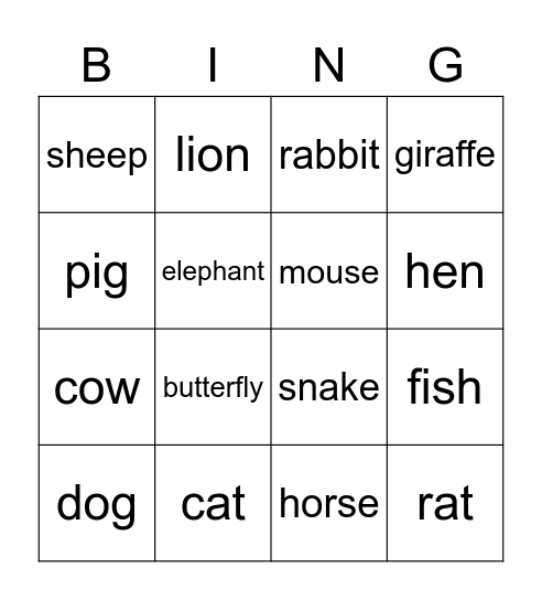 Animal Bingo Card