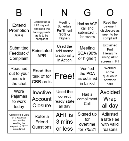 Team Jackson Bingo Card