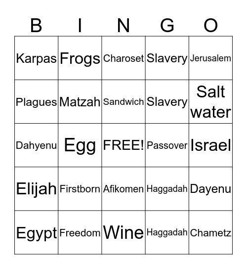 Passover Seder Bingo Card