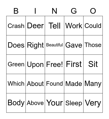 Sight Words Bingo Card