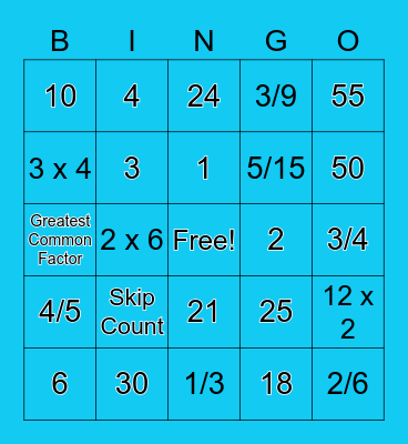 GCF, LCM, Comparing Fractions Bingo Card