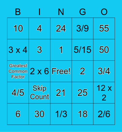 GCF, LCM, Comparing Fractions Bingo Card