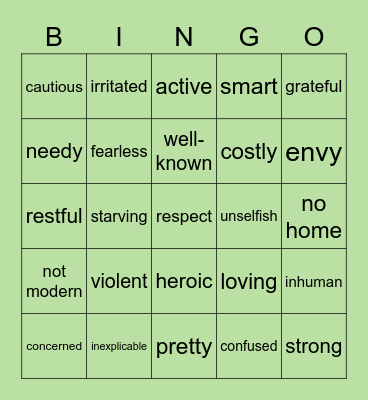 Vocabulary Words Bingo Card