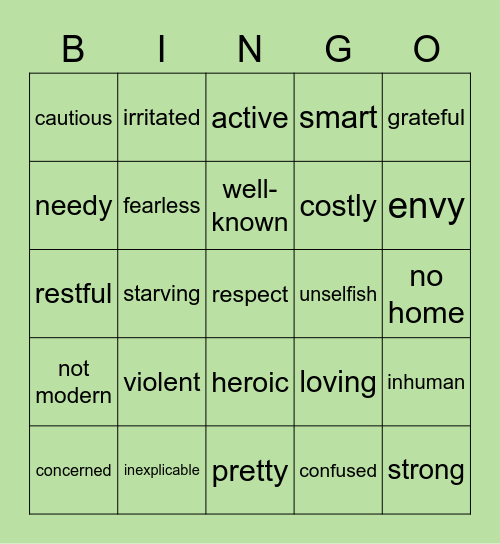 Vocabulary Words Bingo Card