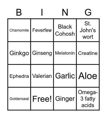 Herbal and Dietary Supplements Bingo Card
