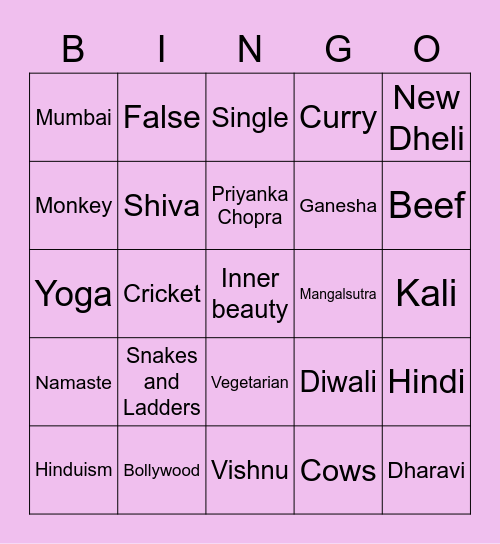 India's Culture Bingo Card