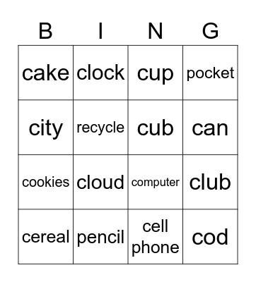 phonics hard c soft c Bingo Card