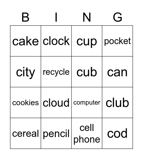 phonics hard c soft c Bingo Card