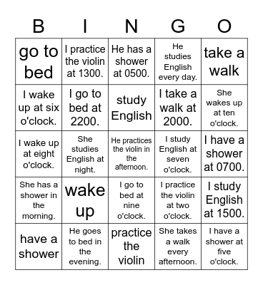 What time do you...? Bingo Card