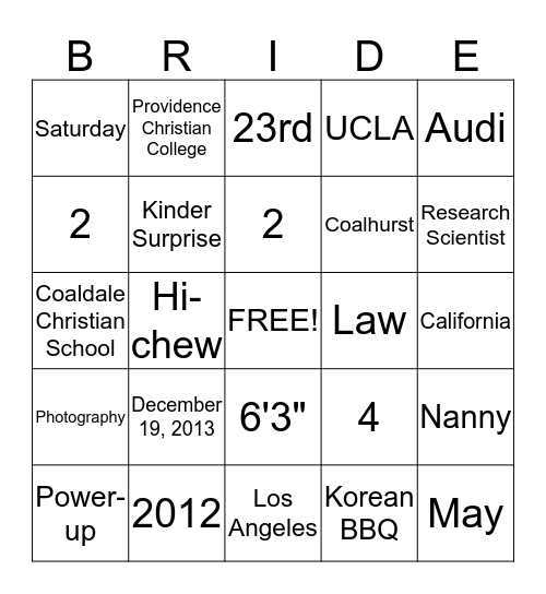 Carissa's Super Fun Bridal Shower Bingo Card