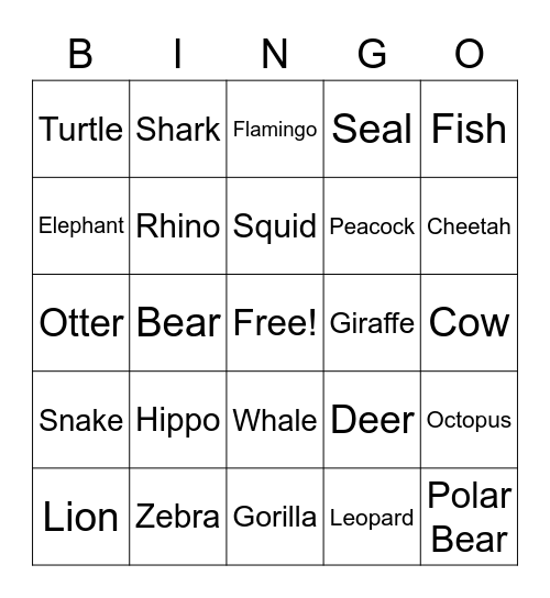 Animal Bingo Card