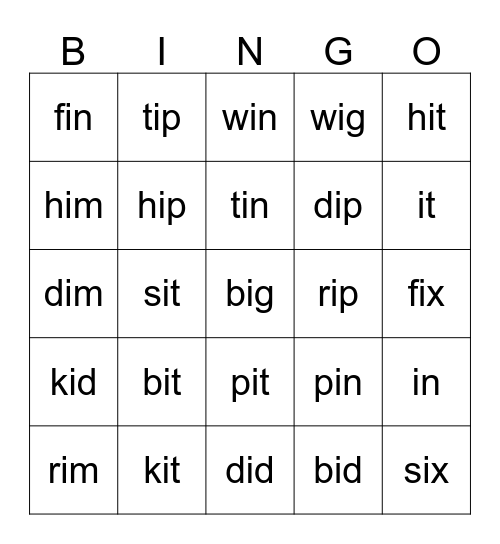 Short i Bingo Card