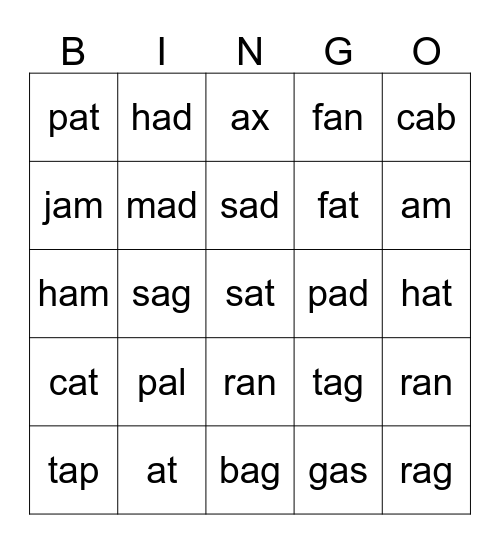 Short a Bingo Card