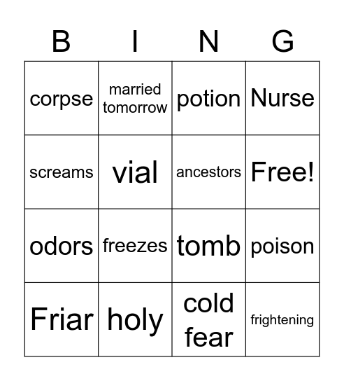 Romeo and Juliet act 4.3- p.226 Bingo Card