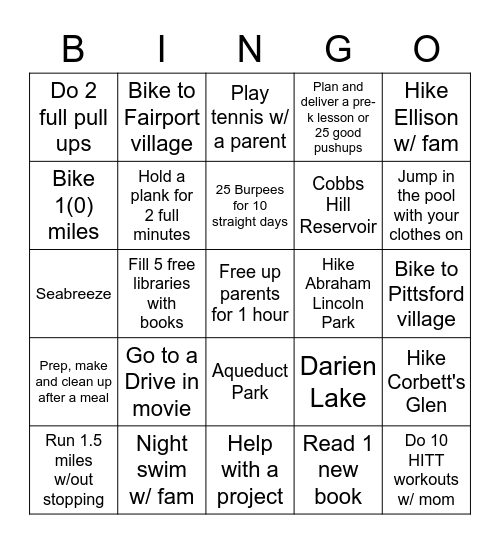 Big Kid Summer Bingo!! Bingo Card