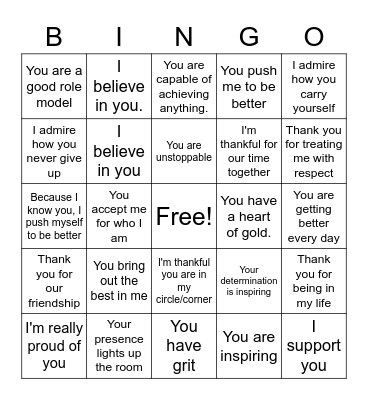 Encouragement Affirmations Bingo Card