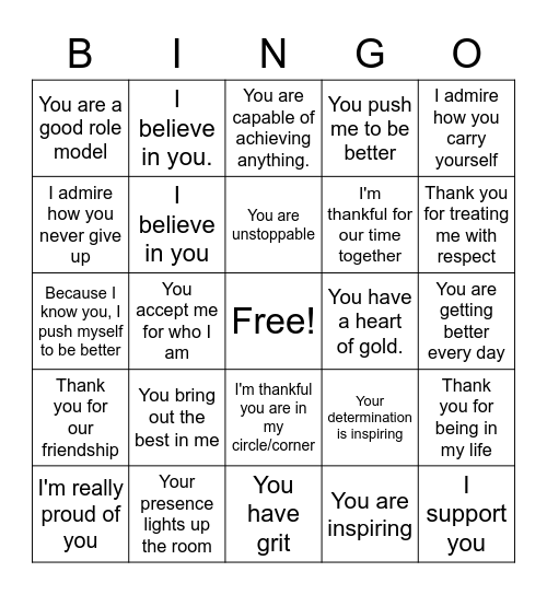 Encouragement Affirmations Bingo Card