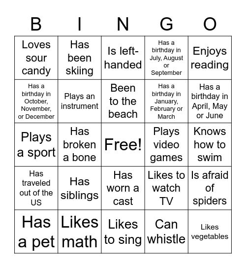 Get to know you Bingo Card