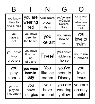 Getting to Know You Bingo Card