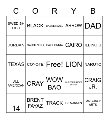 Cory B Bingo Card