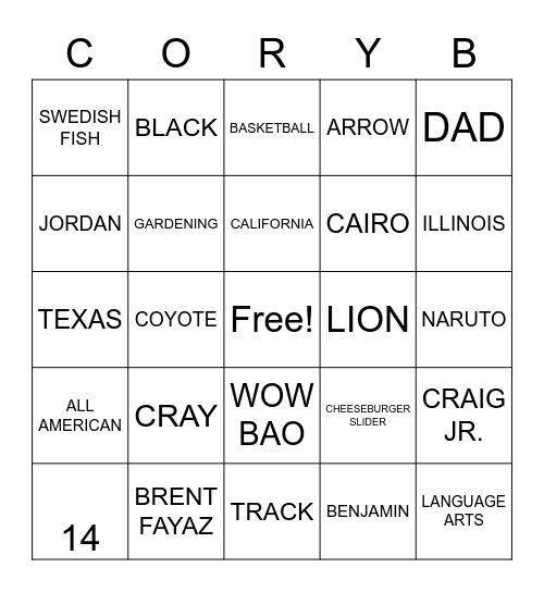 Cory B Bingo Card