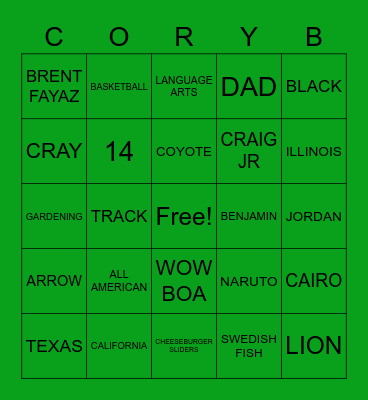 CORY B Bingo Card