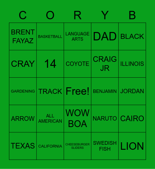 CORY B Bingo Card