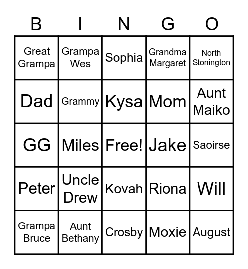 KIRMMSE BOYS FAMILY Bingo Card